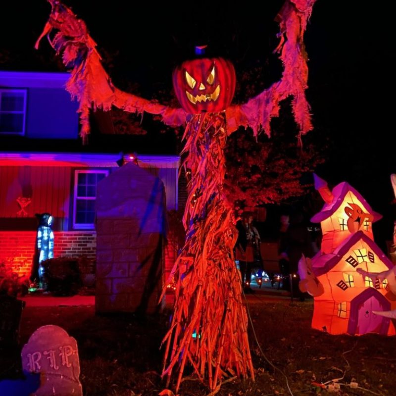 The scarecrow Lighting for Halloween night. I wanted a more ominous feel to go along with the other lighting and smoke.