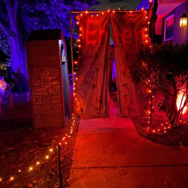 The entrance This is the entrance to the "scare zone". Made from an old tarp and PVC pipe. Once someone walks through, they are immediately scared by an actor hiding in the crypt.