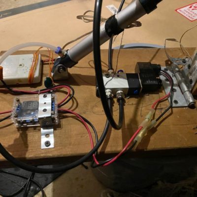 The control board Here you can see the sound effects box in the upper left. The timer relay is in the lower left. The solenoid which controls the pneumatic piston is in the center,