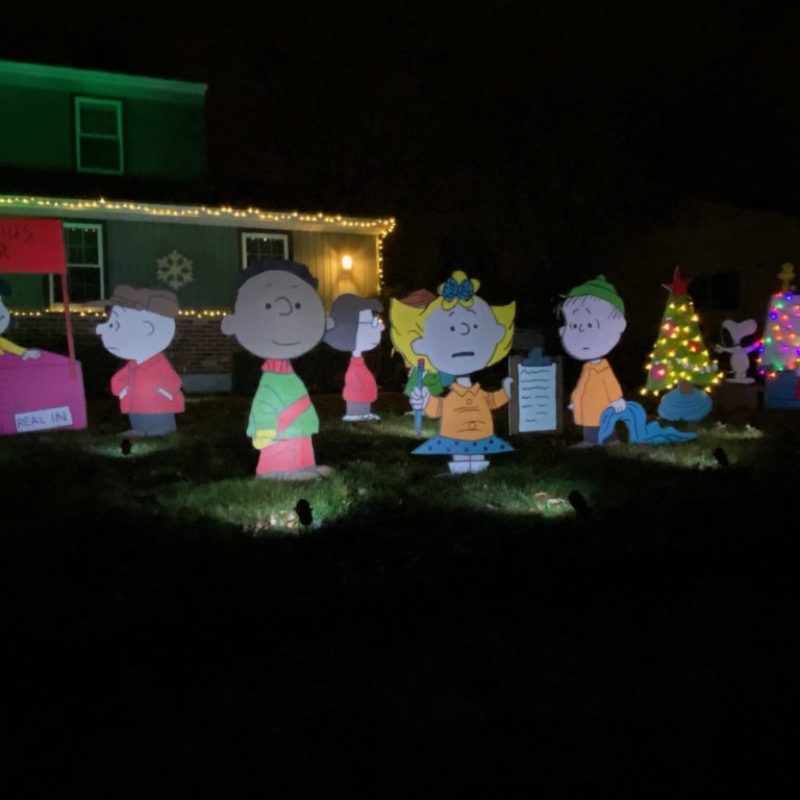 Charlie Brown Christmas The cast of characters are made from plywood and hand painted. Each is lit with LED spotlights to highlight them and the show's soundtrack is played through outdoor speakers. See more here